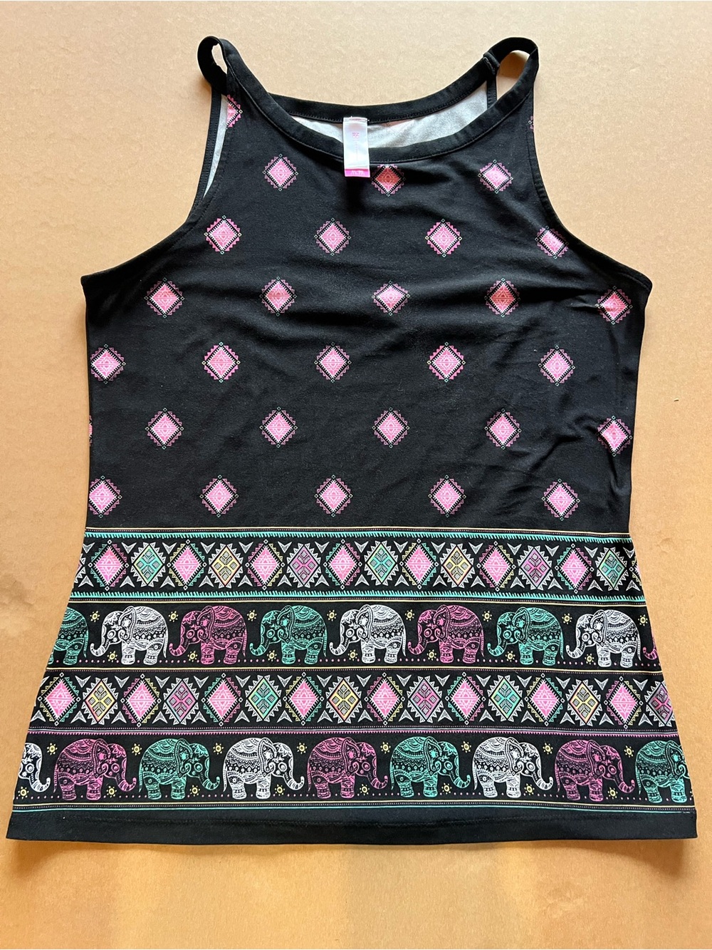 No Boundaries Black Tank Top with Pink, Teal & White Elephant Print